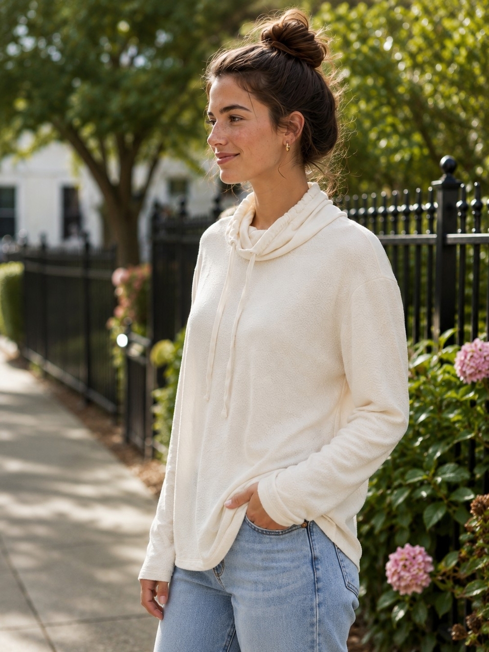 J.Crew Ivory Textured Funnel Neck Drawstring Knit Top Size Large